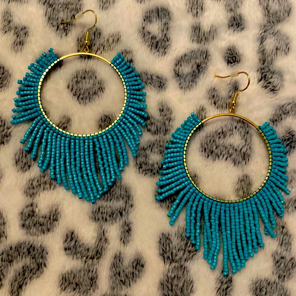 Turquoise seed bead hoop large earrings gold tone on French wires